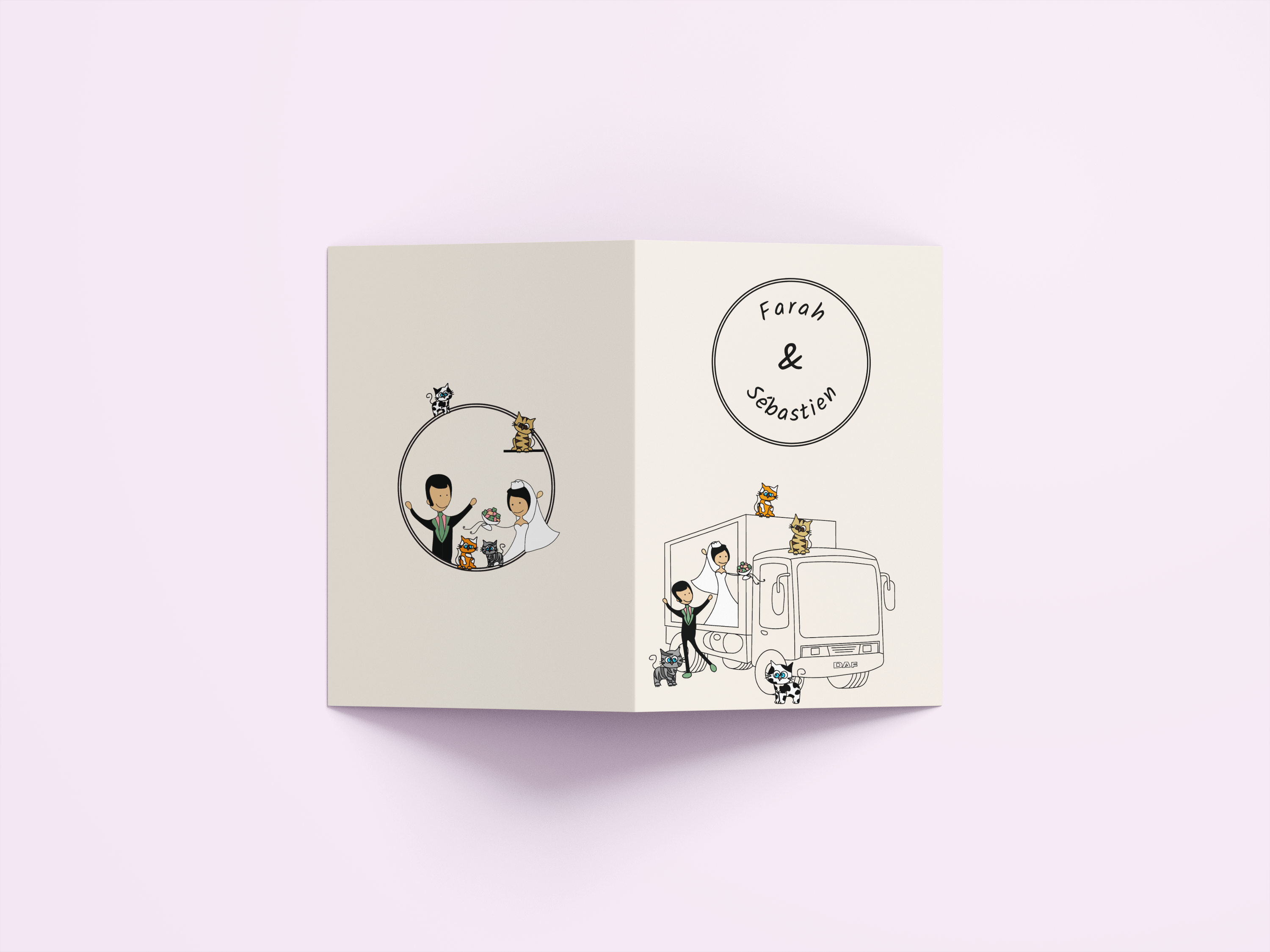 Dos du faire-part avec mariés, chats et camion Dos du faire-part avec mariés, chats et camion